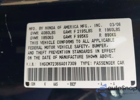 2006 Honda Accord 2.4 Lx z USA, uszkodzony, nr VIN 1HGCM72366A017309